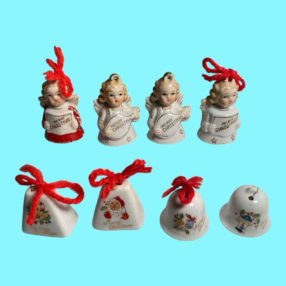 Vtg Set Of 8 Christmas Bells And Angel Bells Hanging Ornaments Japan Miniature - Picture 4 of 10